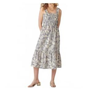 NEW GIFTCRAFT botanical print cotton midi dress in blue